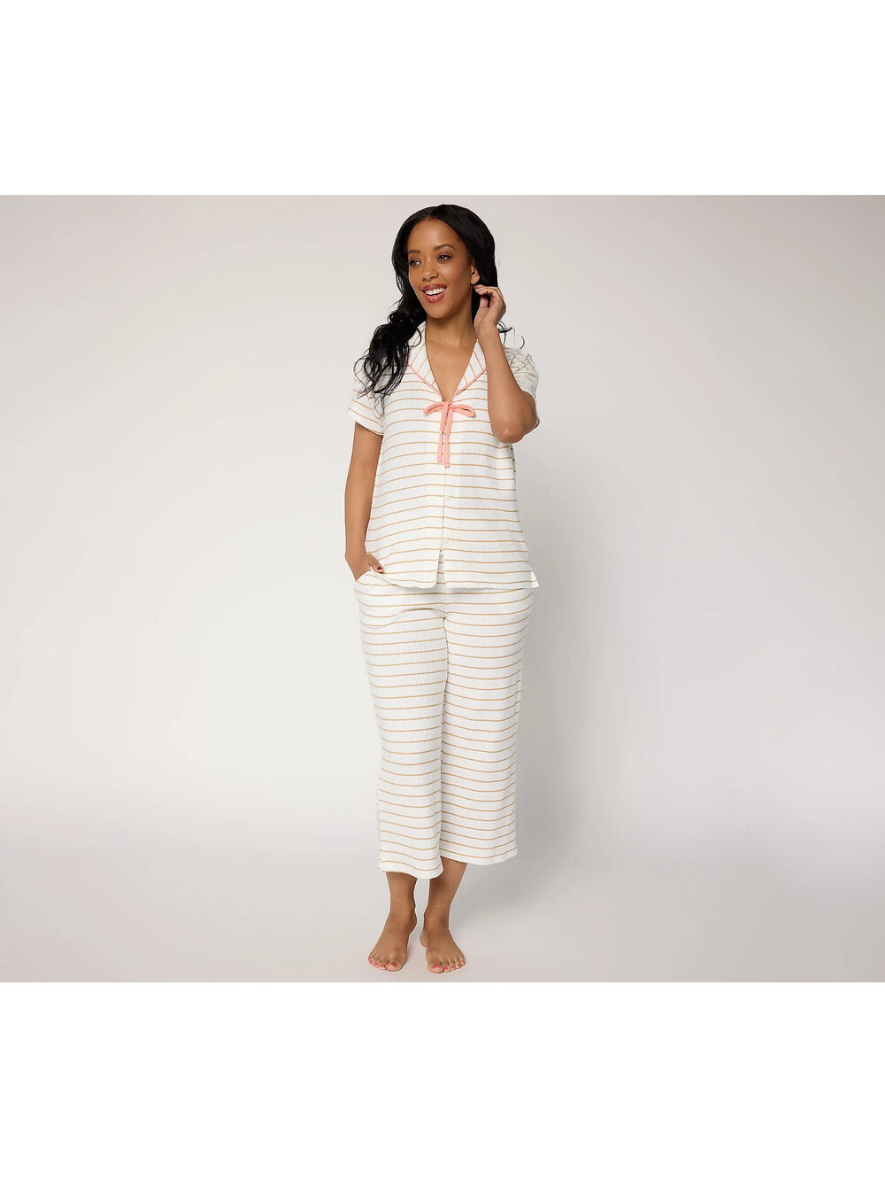 MUK LUKS Better with Bows Butterknit V-Neck Rib Pajama Set Beach Stripe, Large